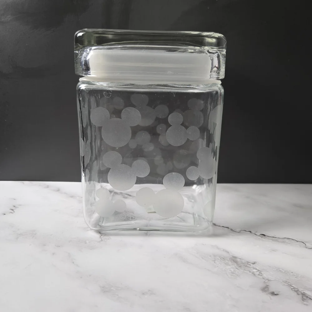Vintage Disney Canada Clear Glass Jar And Lid with Etched Mickey Mouse Design